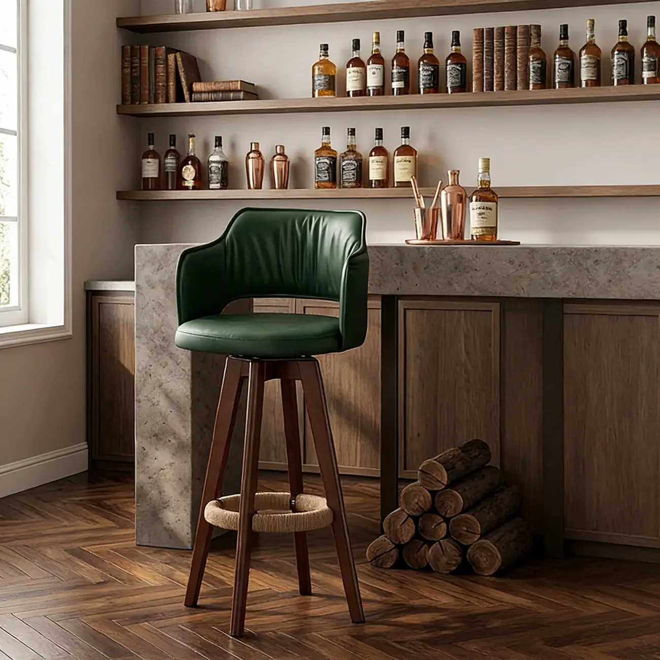 Counter Swivel Leather Wooden Bar Stools With Footrest Image - 13 | homeyfad