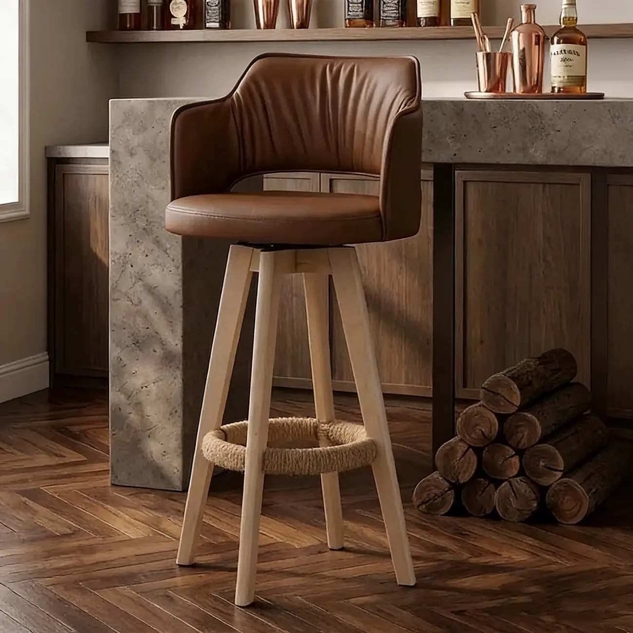 Counter Swivel Leather Wooden Bar Stools With Footrest Image - 19 | homeyfad