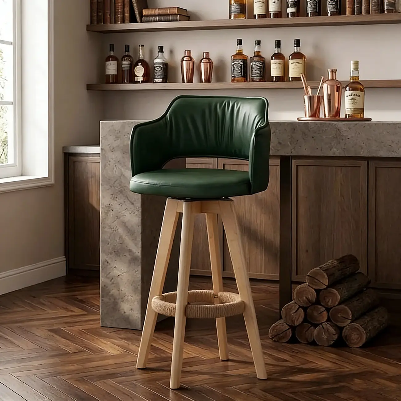 Counter Swivel Leather Wooden Bar Stools With Footrest Image - 15 | homeyfad