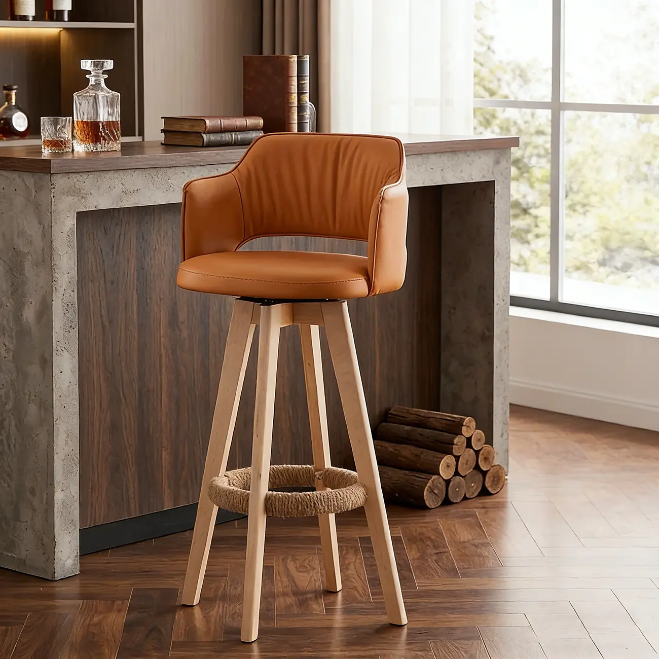 Counter Swivel Leather Wooden Bar Stools With Footrest Image - 16 | homeyfad