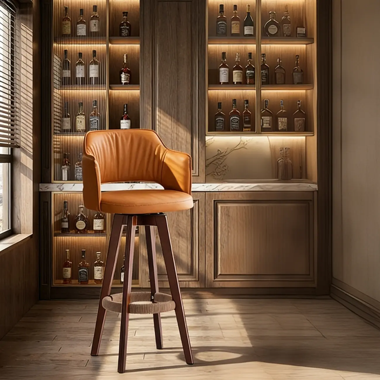 Counter Swivel Leather Wooden Bar Stools With Footrest Image - 17 | homeyfad