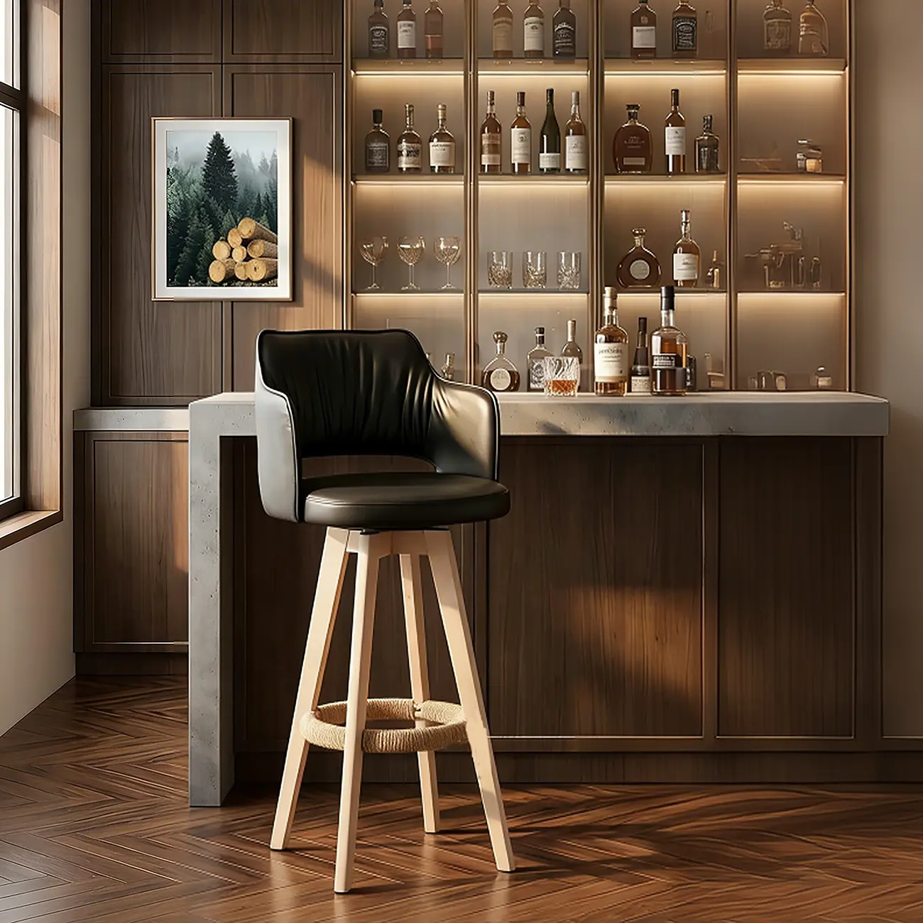 Counter Swivel Leather Wooden Bar Stools With Footrest Image - 18 | homeyfad