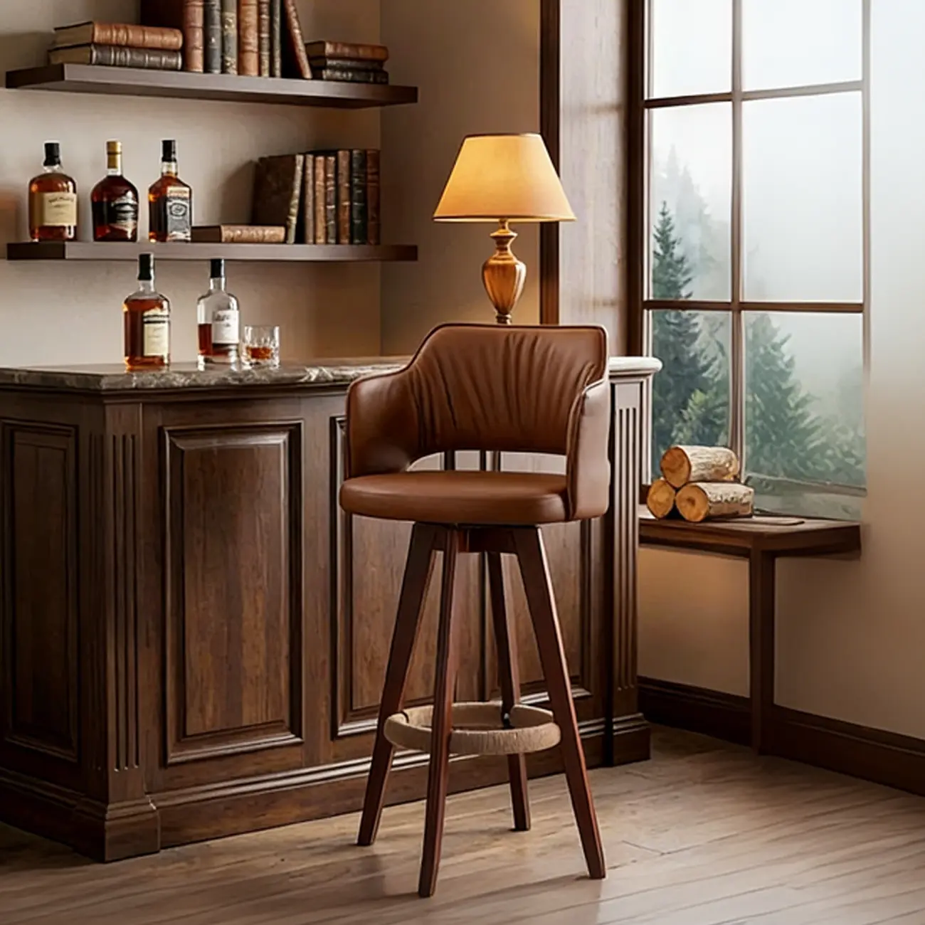 Counter Swivel Leather Wooden Bar Stools With Footrest Image - 20 | homeyfad