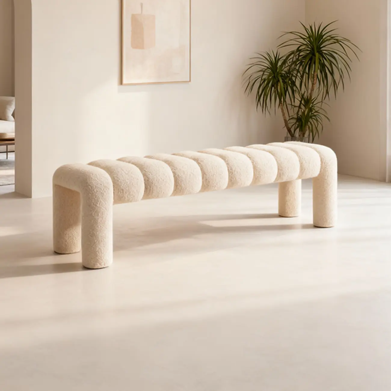 Minimalist Curved Sherpa Upholstered End of Bed Bench Image - 13 | homeyfad