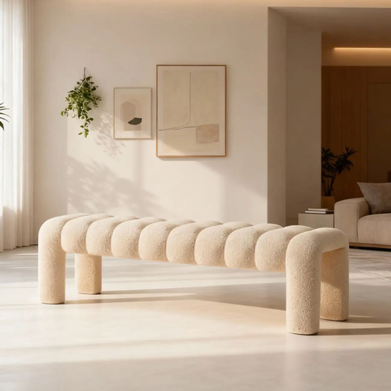 Minimalist Curved Sherpa Upholstered End of Bed Bench Image - 9 | homeyfad