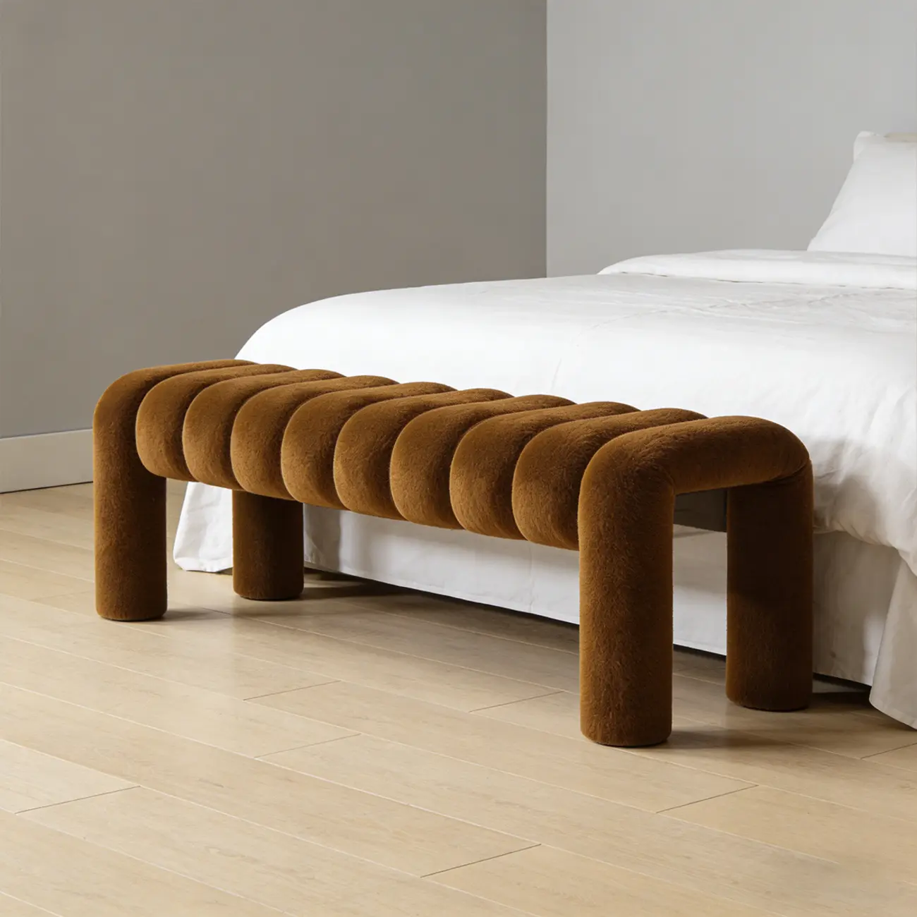 Minimalist Curved Sherpa Upholstered End of Bed Bench Image - 4 | homeyfad