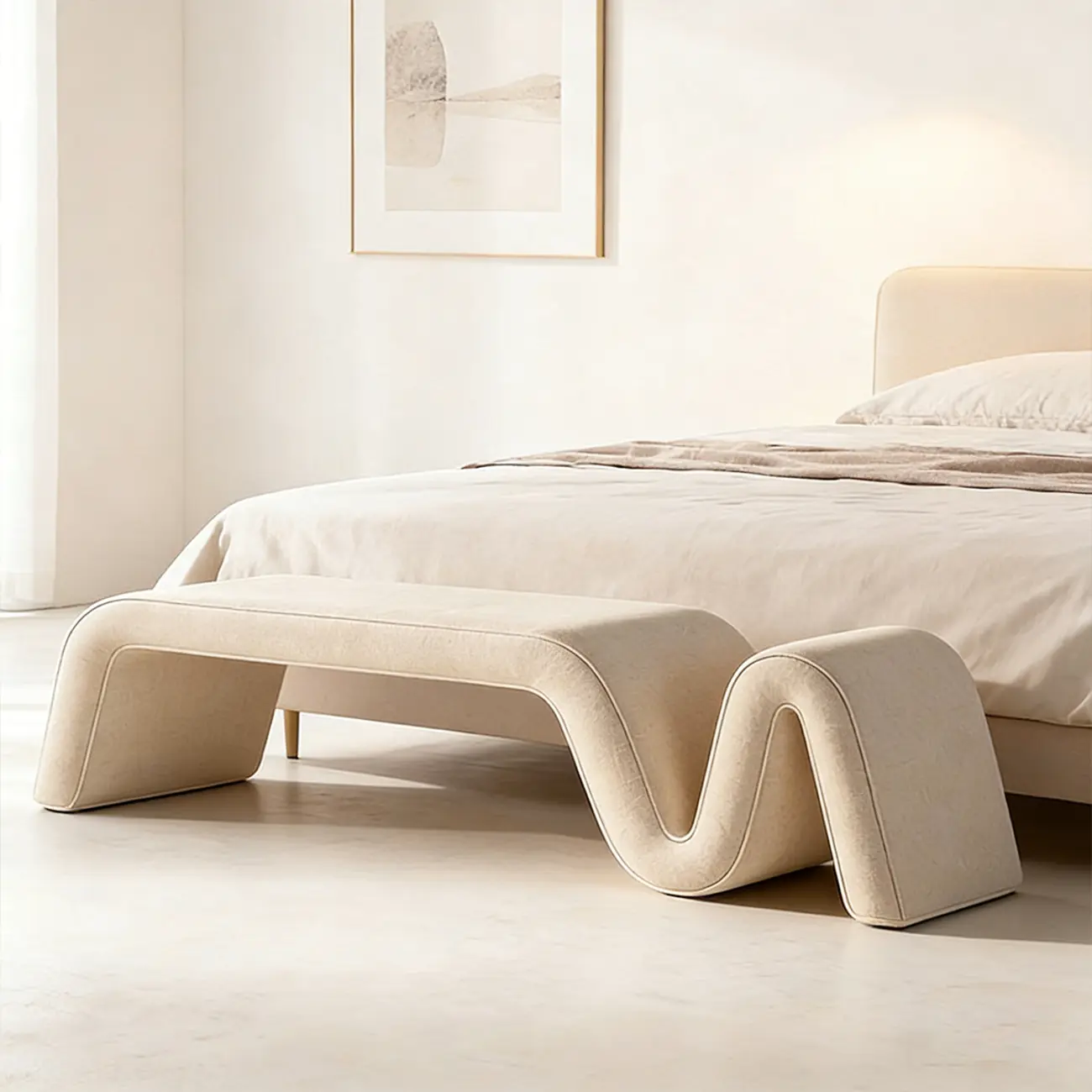 Modern Sculptural Chenille Wood Bedroom Bench Image - 9 | homeyfad