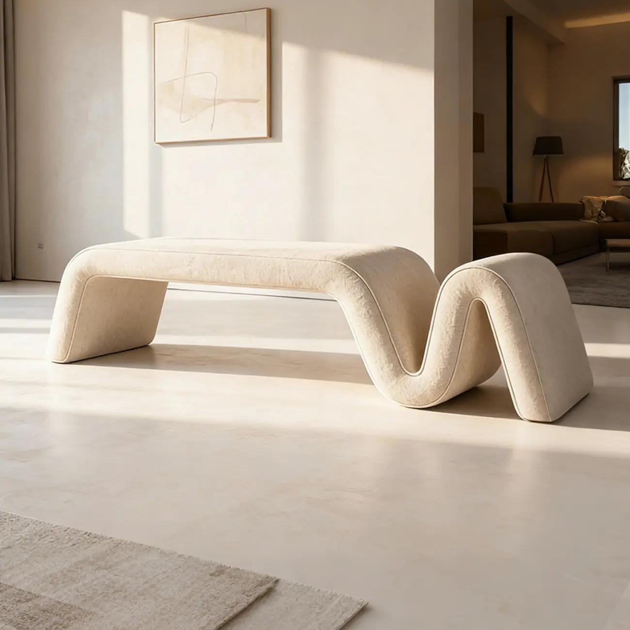 Modern Sculptural Chenille Wood Bedroom Bench Image - 8 | homeyfad