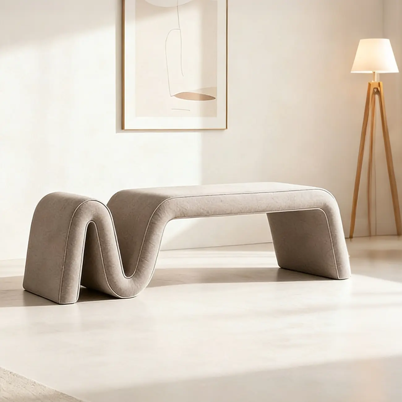 Modern Sculptural Chenille Wood Bedroom Bench Image - 11 | homeyfad