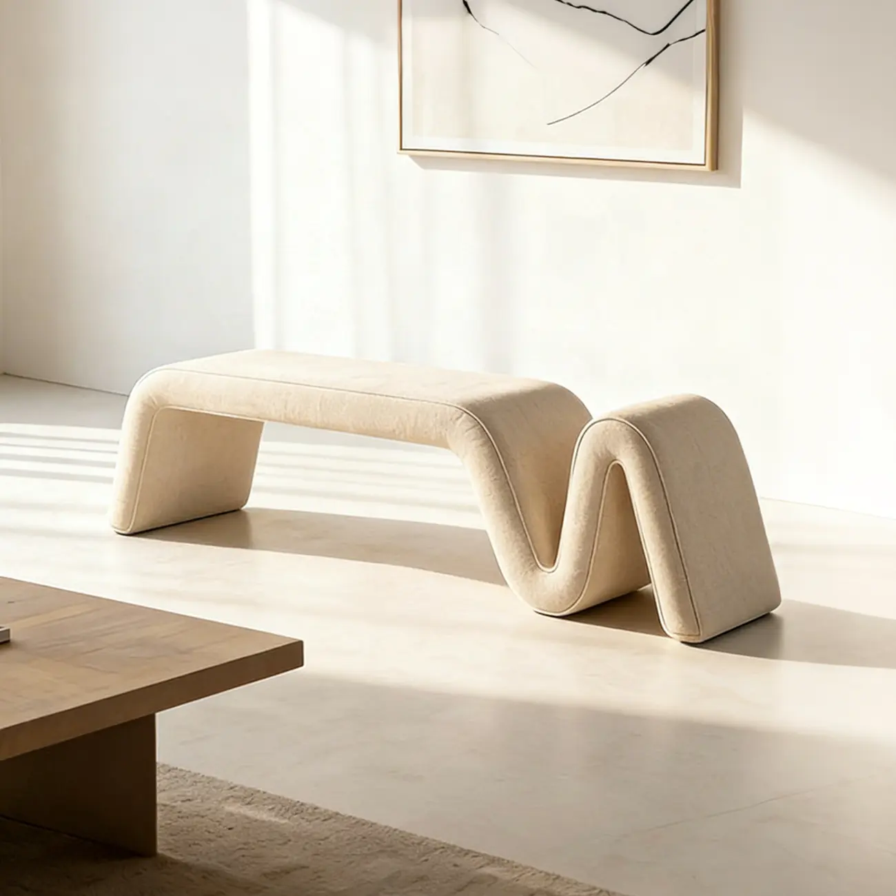 Modern Sculptural Chenille Wood Bedroom Bench Image - 10 | homeyfad