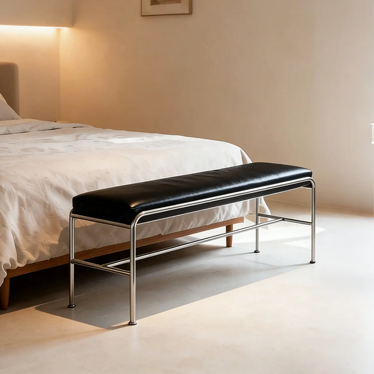 Minimalist Genuine Leather Entryway Bench with Metal Base Image - 8 | homeyfad