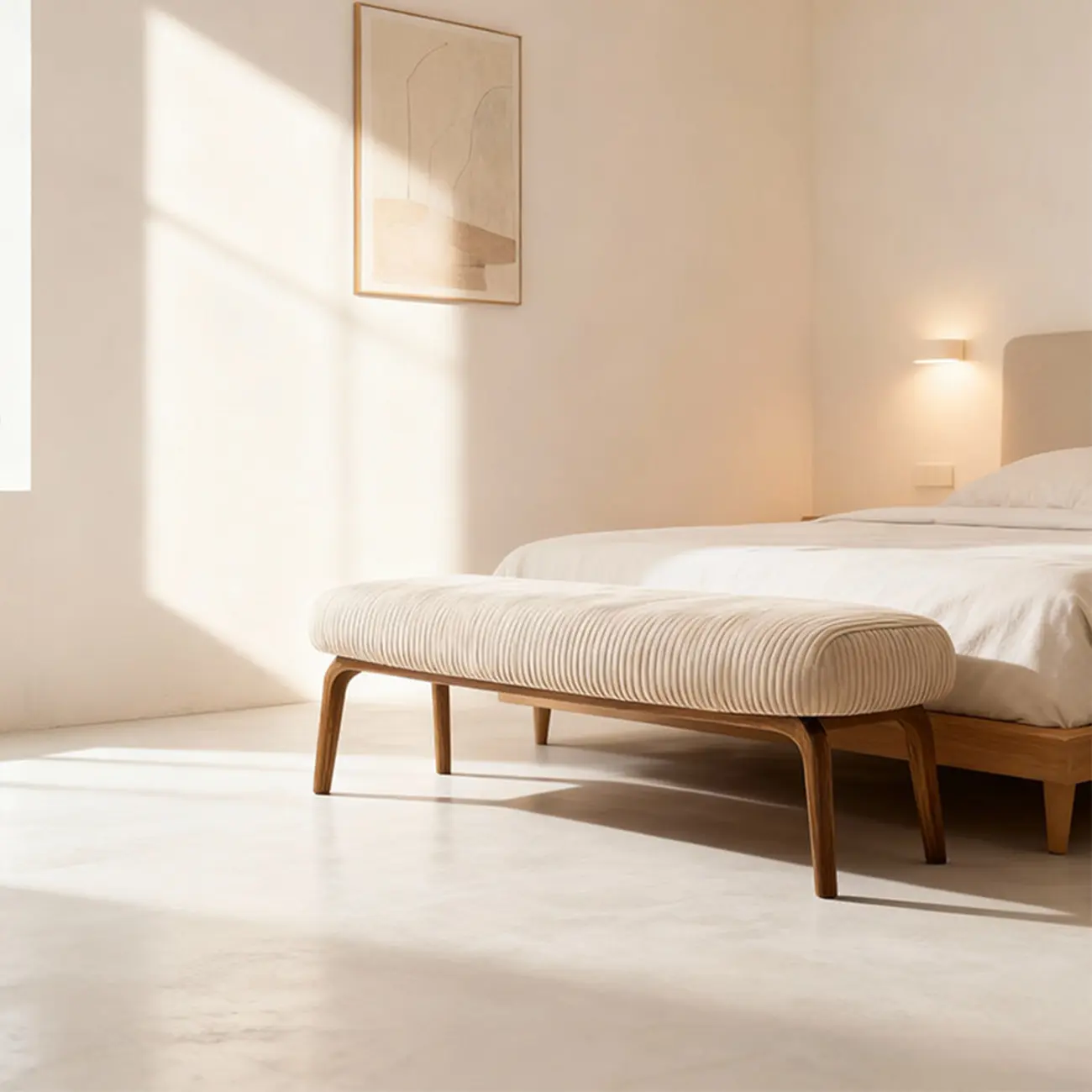 Mid-century Modern Corduroy Upholstered Bedroom Bench with Wood Legs Image - 15 | homeyfad