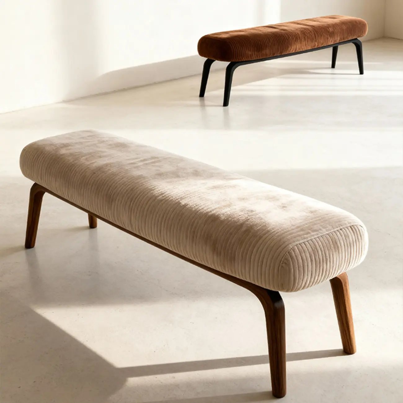 Mid-century Modern Corduroy Upholstered Bedroom Bench with Wood Legs Image - 6 | homeyfad