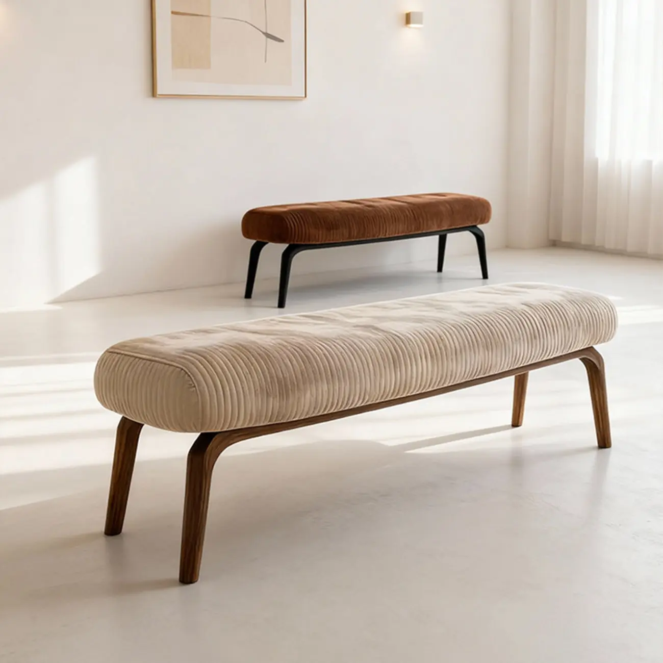 Mid-century Modern Corduroy Upholstered Bedroom Bench with Wood Legs Image - 14 | homeyfad