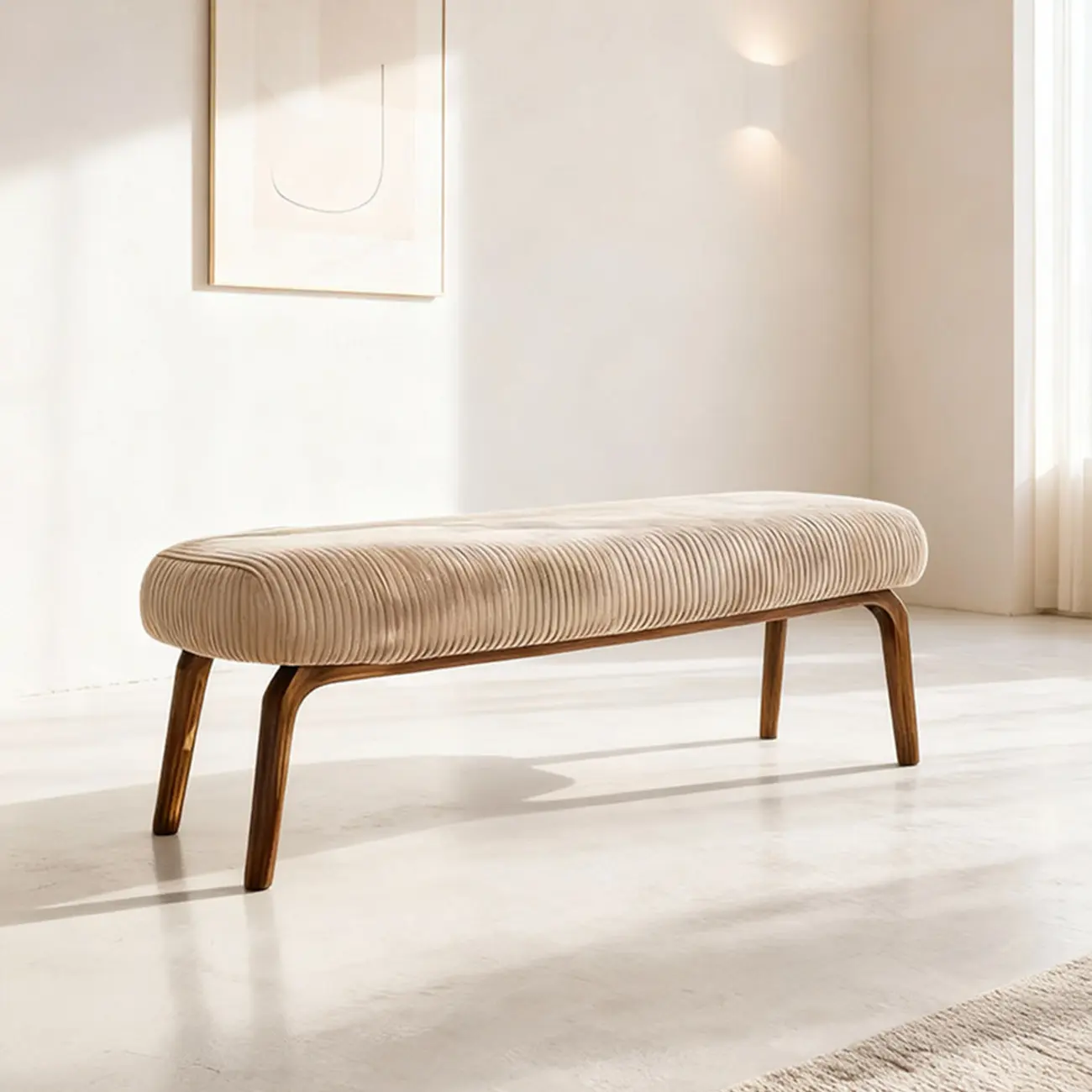 Mid-century Modern Corduroy Upholstered Bedroom Bench with Wood Legs Image - 16 | homeyfad