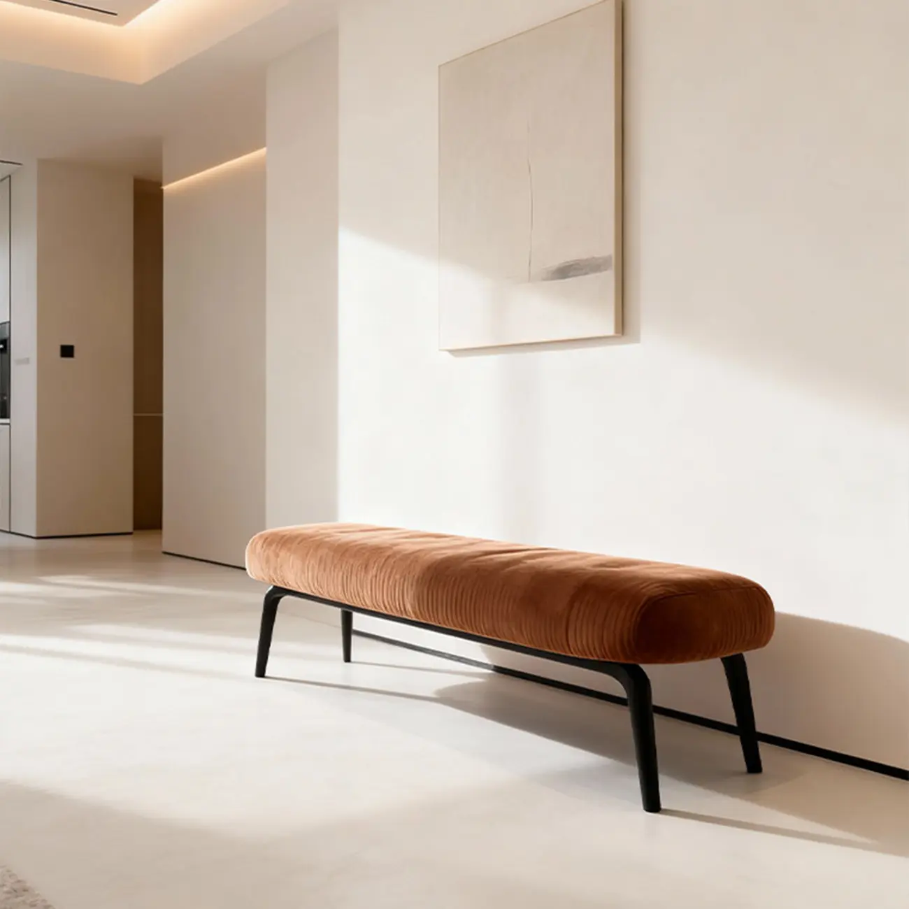 Mid-century Modern Corduroy Upholstered Bedroom Bench with Wood Legs Image - 17 | homeyfad