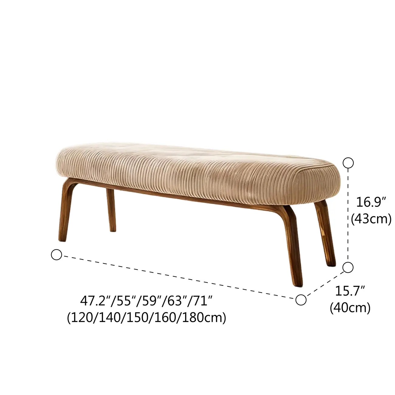 Mid-century Modern Corduroy Upholstered Bedroom Bench with Wood Legs #size | homeyfad