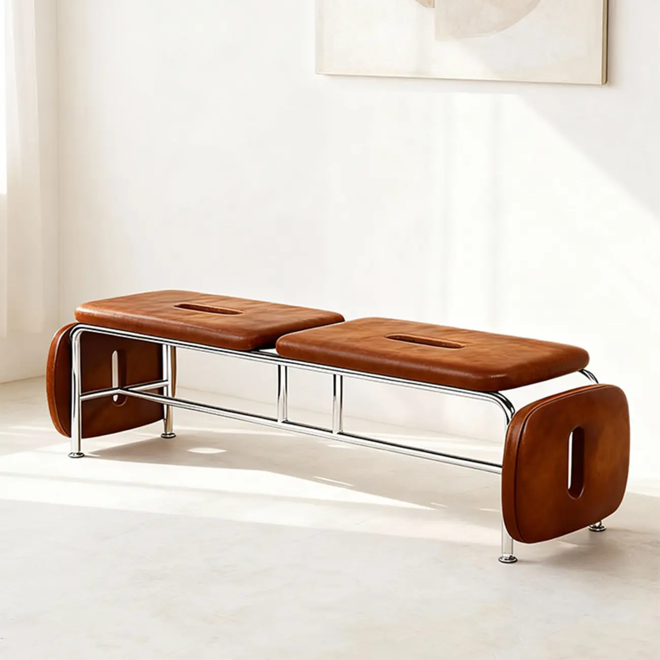 Genuine Leather Minimalist Backless Bench With Stainless Steel Legs Image - 11 | homeyfad