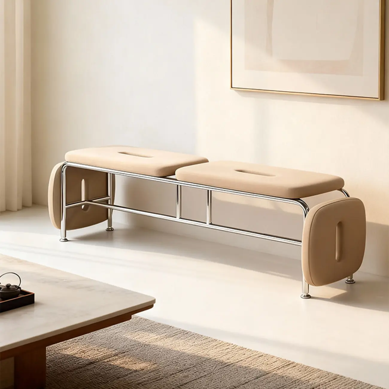 Genuine Leather Minimalist Backless Bench With Stainless Steel Legs Image - 10 | homeyfad