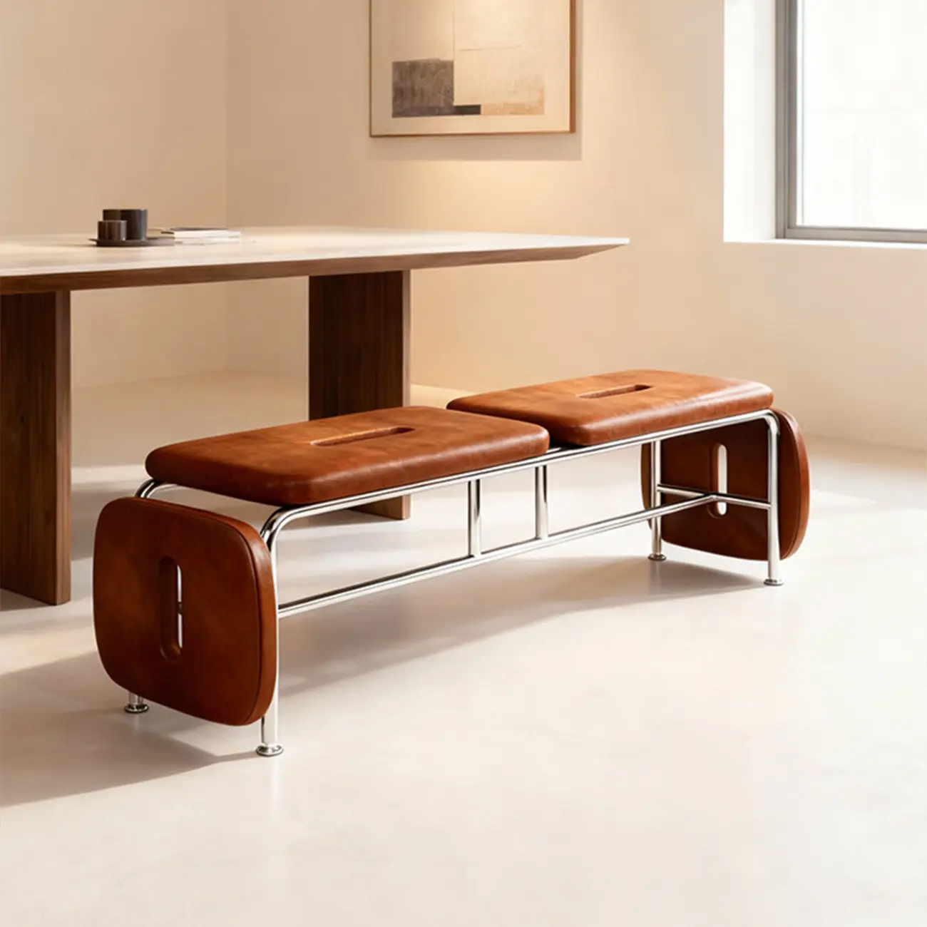 Genuine Leather Minimalist Backless Bench With Stainless Steel Legs Image - 6 | homeyfad