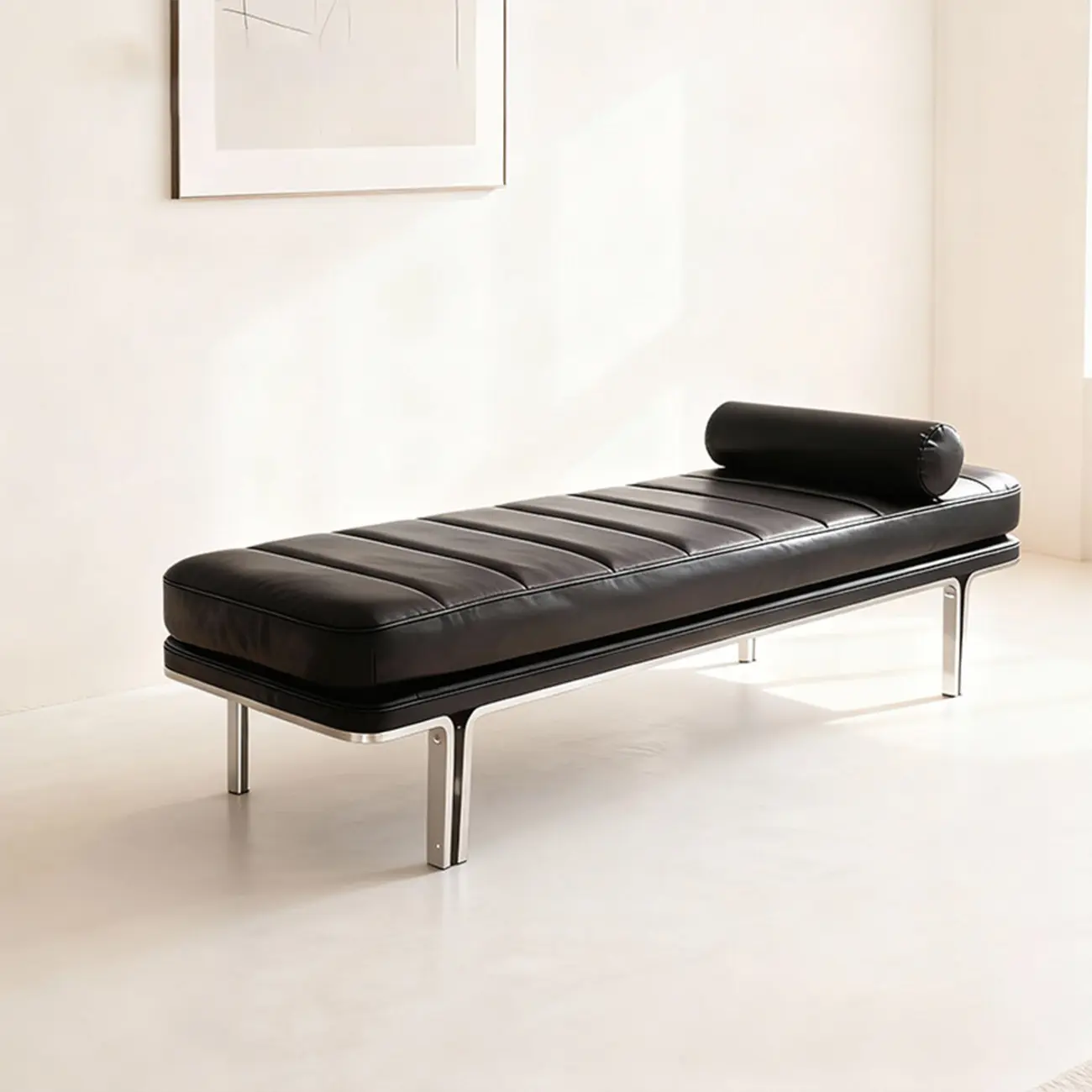 Minimalist Top-grain Leather Bedroom Bench With Bolster Pillow Image - 9 | homeyfad