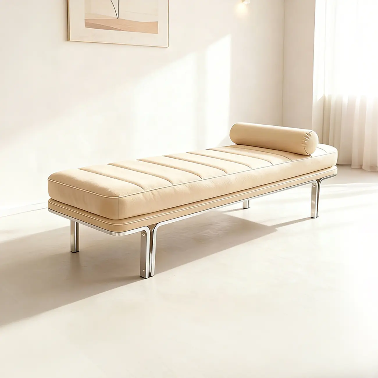 Minimalist Top-grain Leather Bedroom Bench With Bolster Pillow Image - 10 | homeyfad