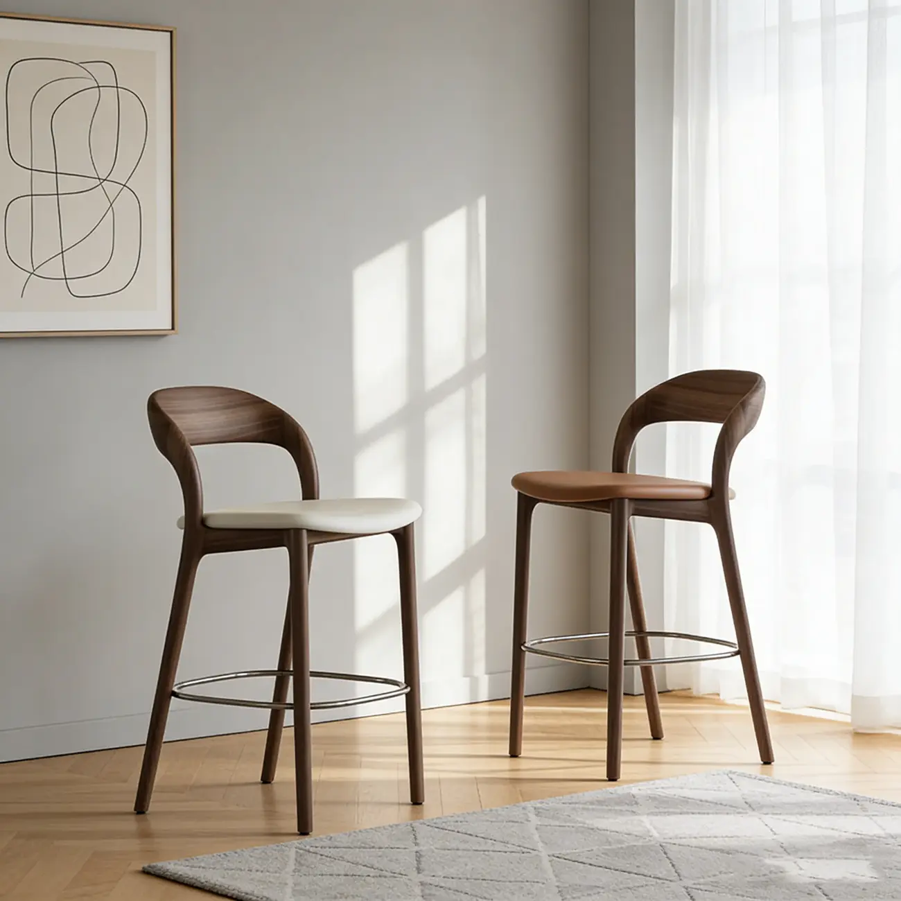 Solid Wood Mid-century Modern Bar Stool With Curved Open-back Image - 1 | homeyfad