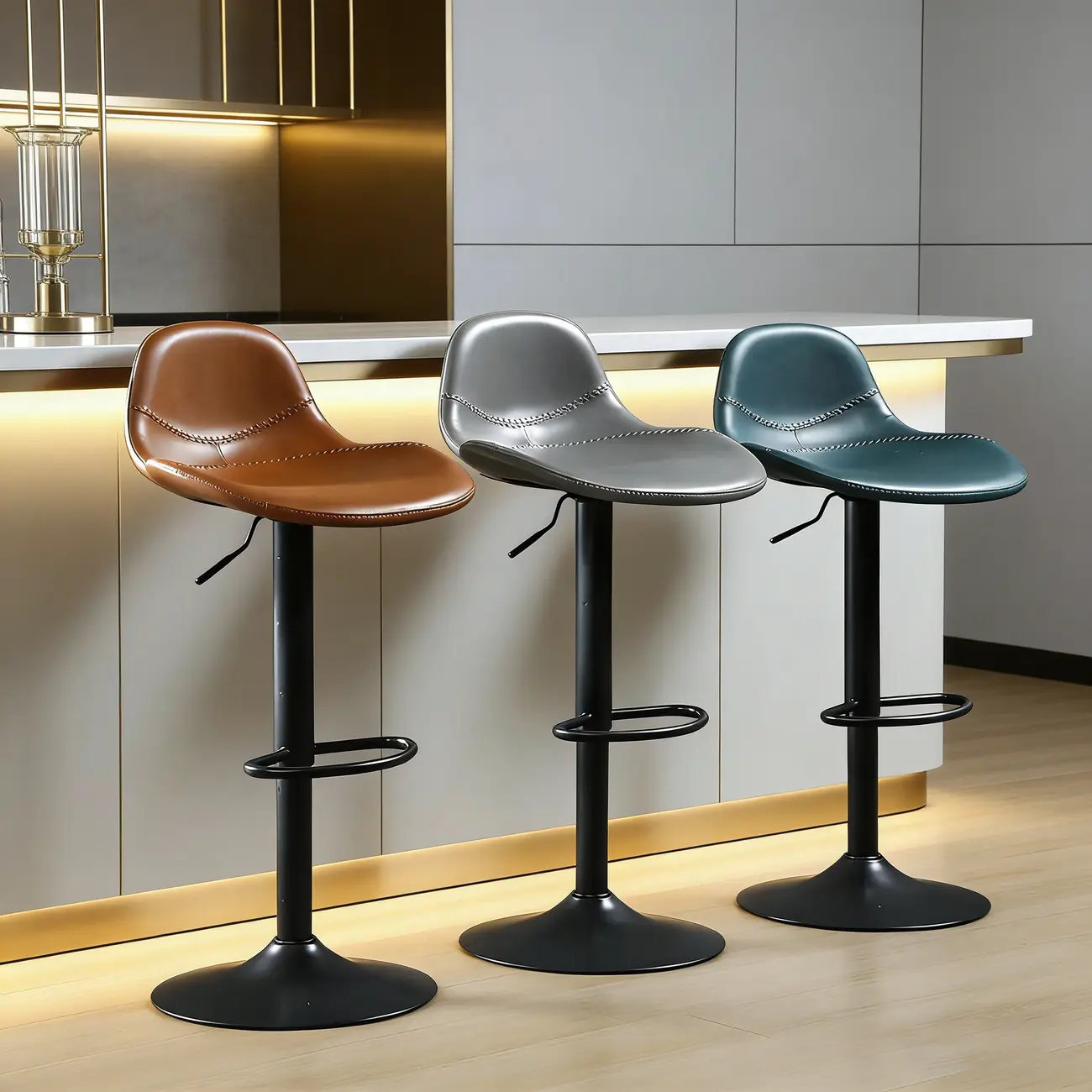 Traditional Leather Adjustable Bar Stools with Backrest for Home Image - 2 | homeyfad