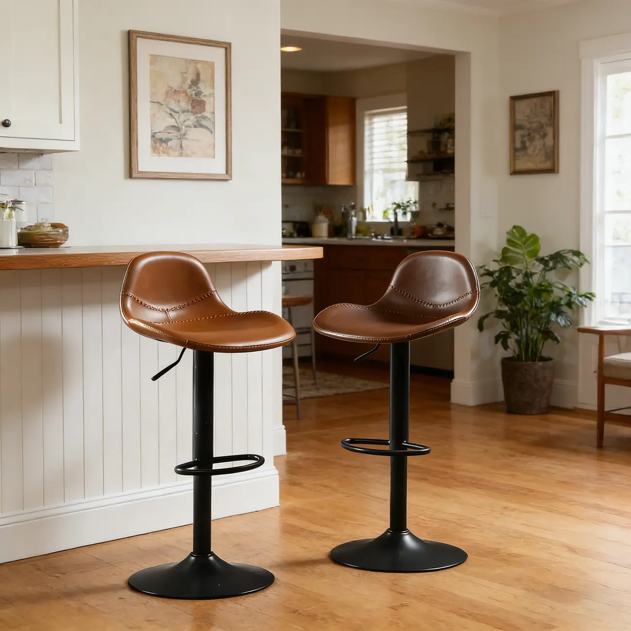 Traditional Leather Adjustable Bar Stools with Backrest for Home Image - 1 | homeyfad