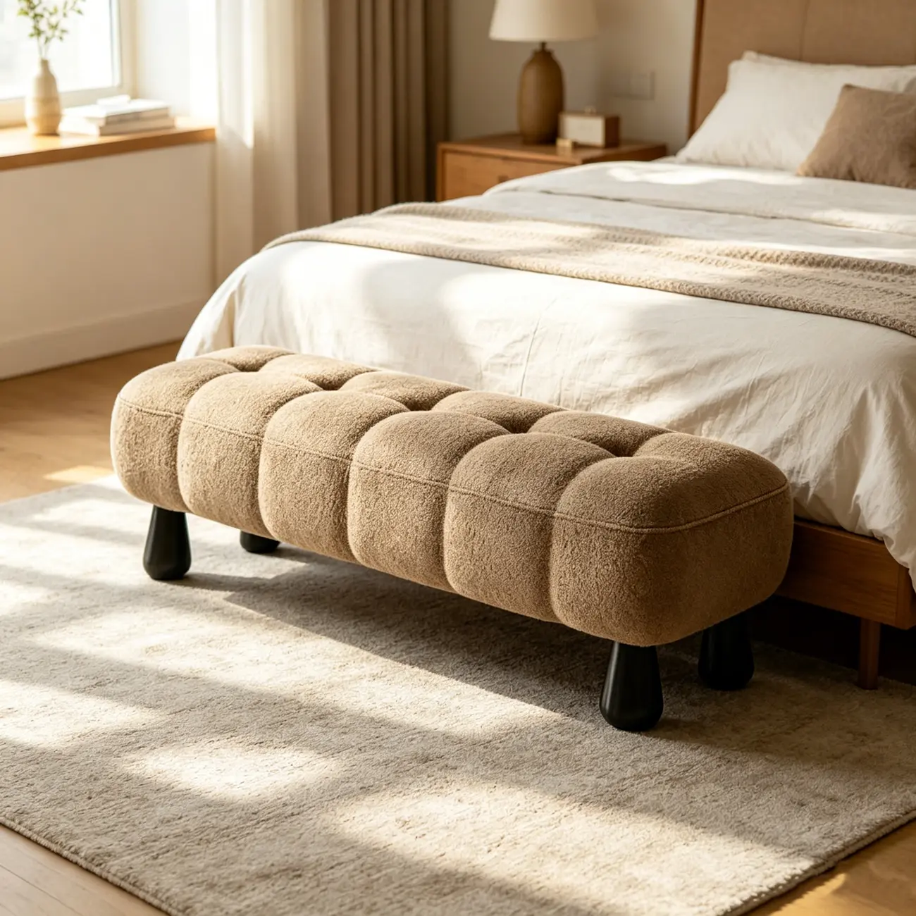 Minimalist Tufted Upholstered End of Bed Bench with Solid Wood Frame Image - 2 | homeyfad