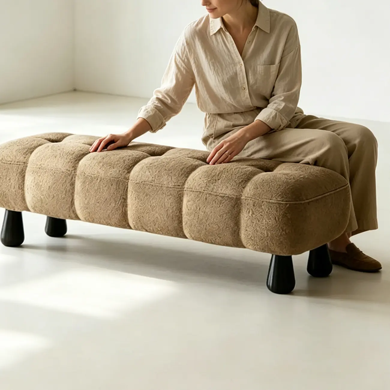 Minimalist Tufted Upholstered End of Bed Bench with Solid Wood Frame Image - 8 | homeyfad