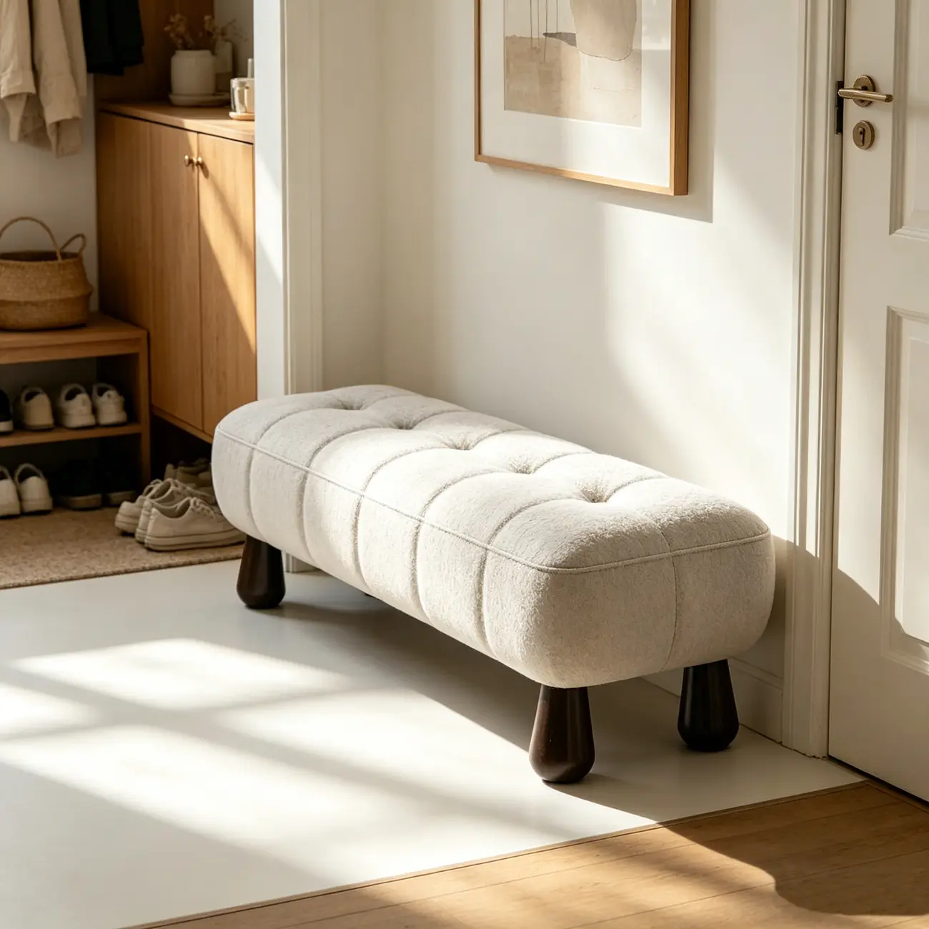 Minimalist Tufted Upholstered End of Bed Bench with Solid Wood Frame Image - 4 | homeyfad