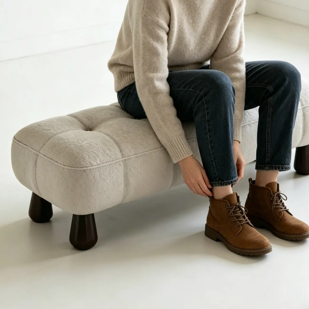 Minimalist Tufted Upholstered End of Bed Bench with Solid Wood Frame Image - 9 | homeyfad