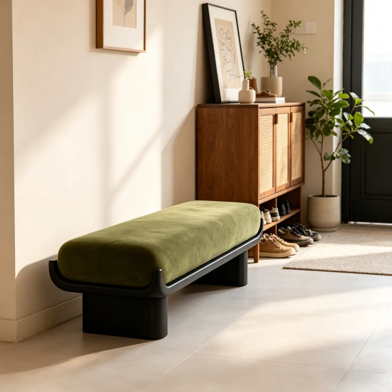 Modern Vintage Green Solid Wood Upholstered Bedroom Bench Image - 5 | homeyfad