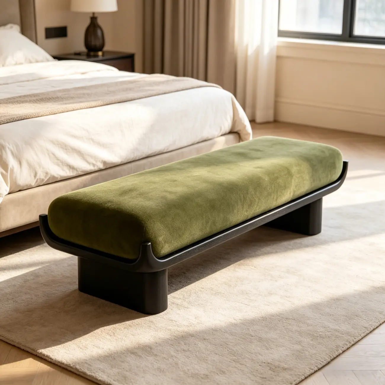 Modern Vintage Green Solid Wood Upholstered Bedroom Bench Image - 4 | homeyfad