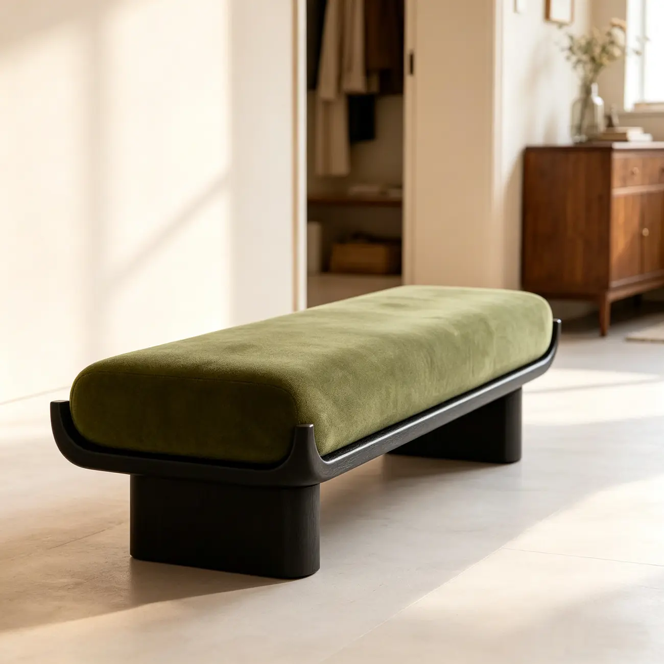 Modern Vintage Green Solid Wood Upholstered Bedroom Bench Image - 9 | homeyfad