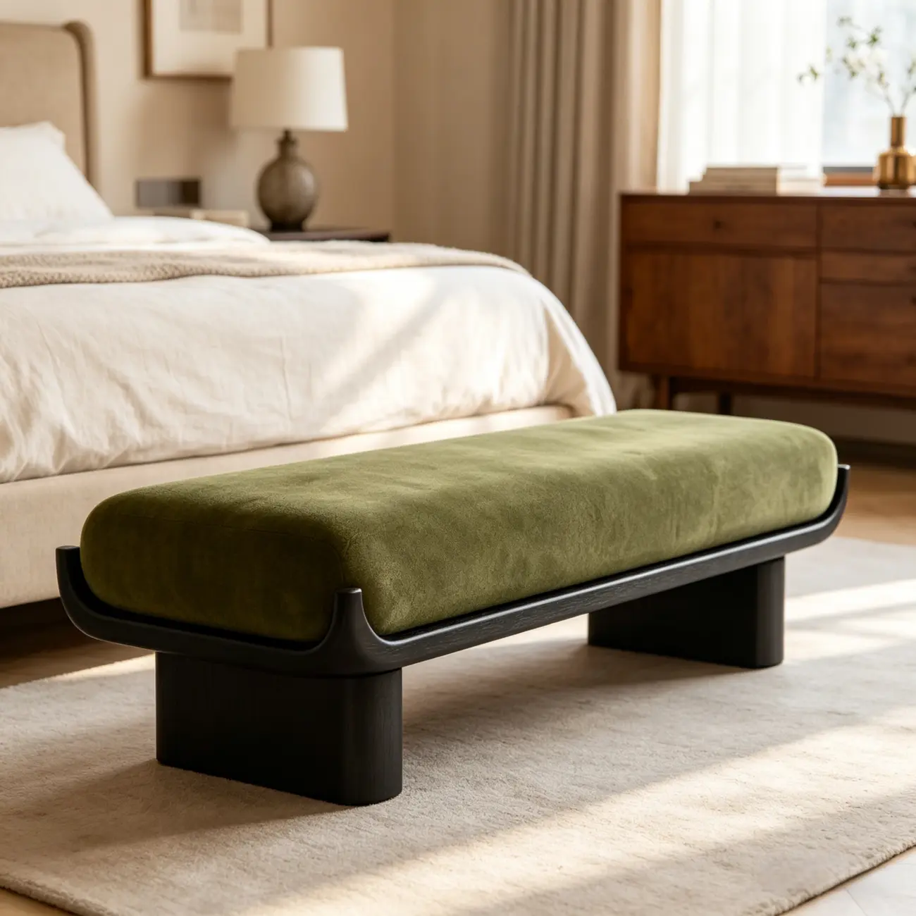 Modern Vintage Green Solid Wood Upholstered Bedroom Bench Image - 15 | homeyfad