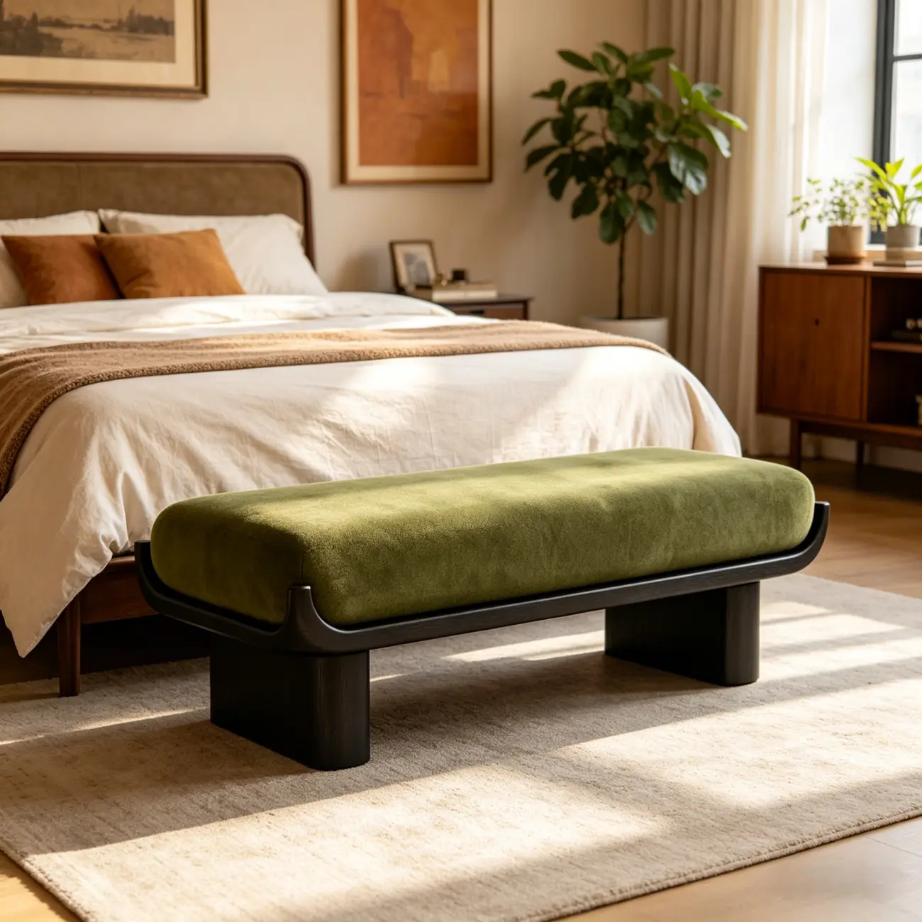 Modern Vintage Green Solid Wood Upholstered Bedroom Bench Image - 3 | homeyfad