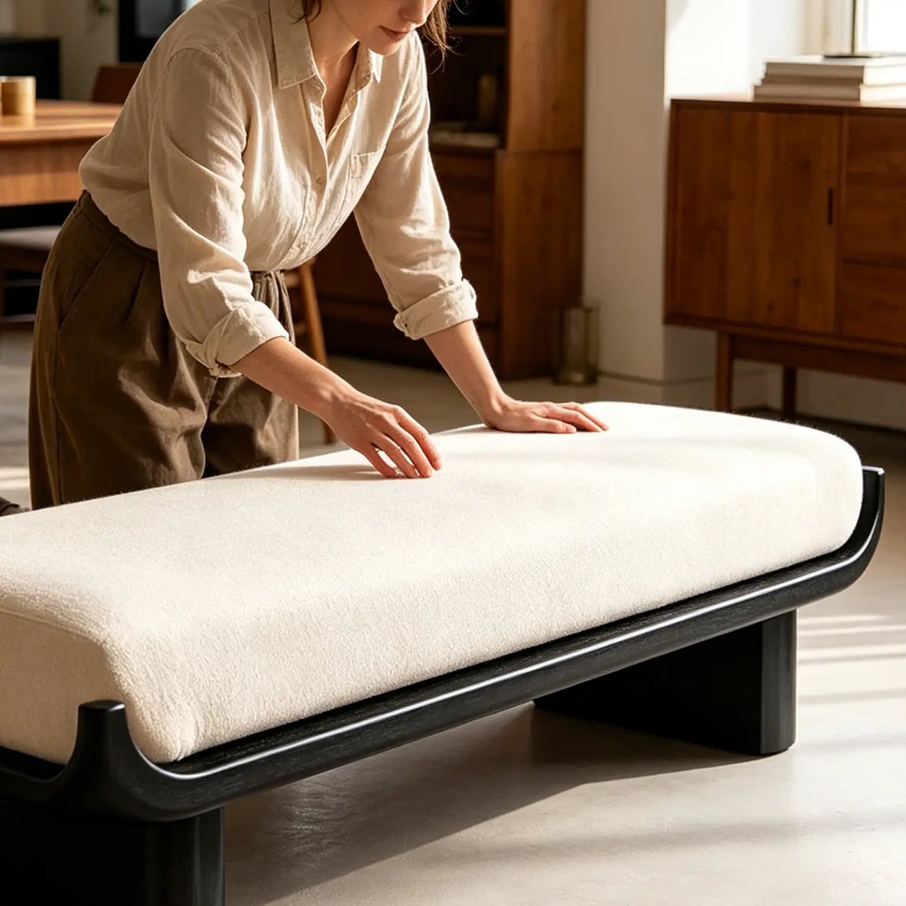 Modern Vintage Green Solid Wood Upholstered Bedroom Bench Image - 8 | homeyfad