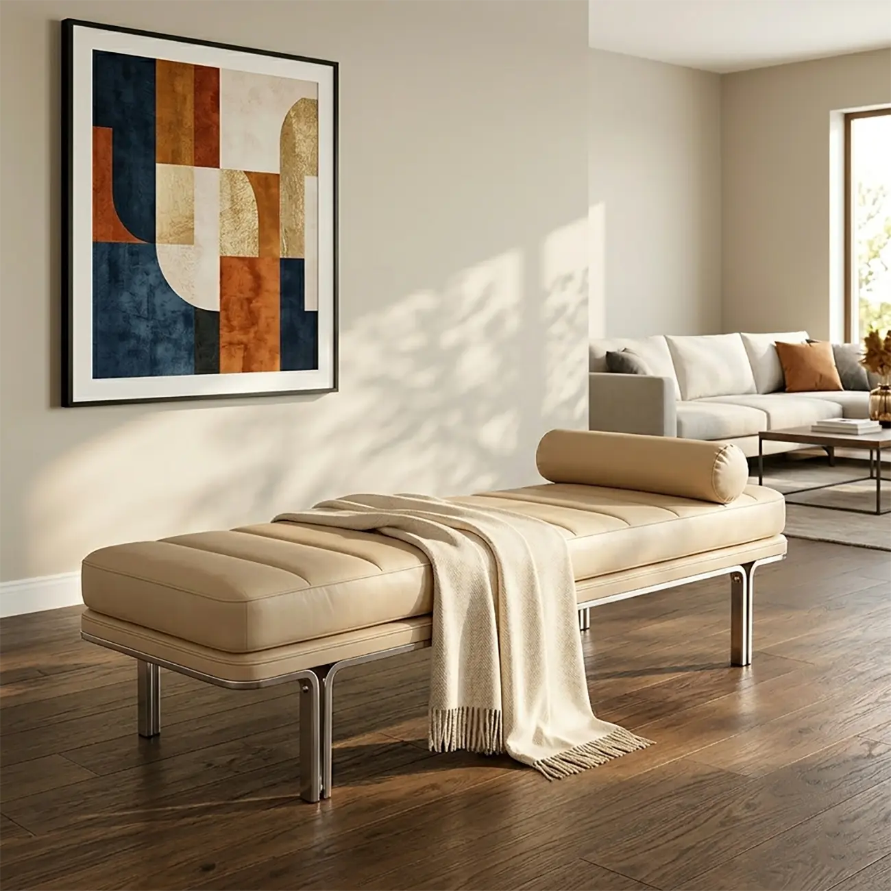 Minimalist Top-grain Leather Bedroom Bench With Bolster Pillow Image - 4 | homeyfad