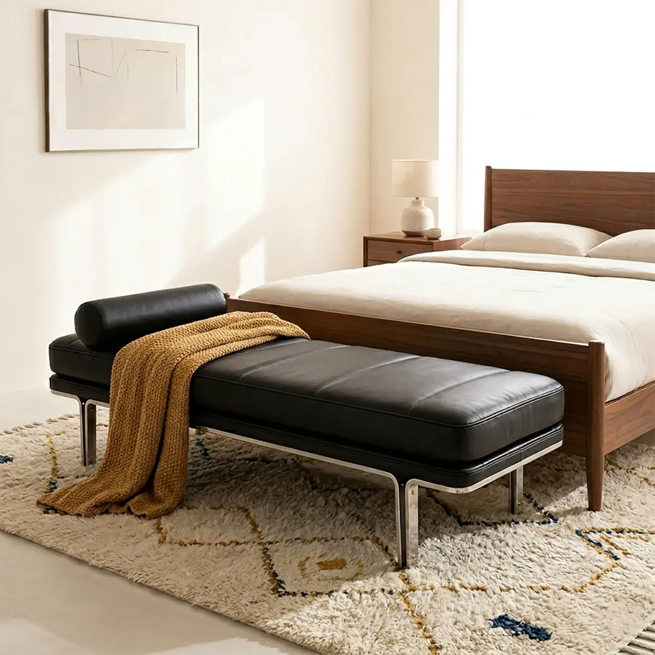 Minimalist Top-grain Leather Bedroom Bench With Bolster Pillow Image - 5 | homeyfad