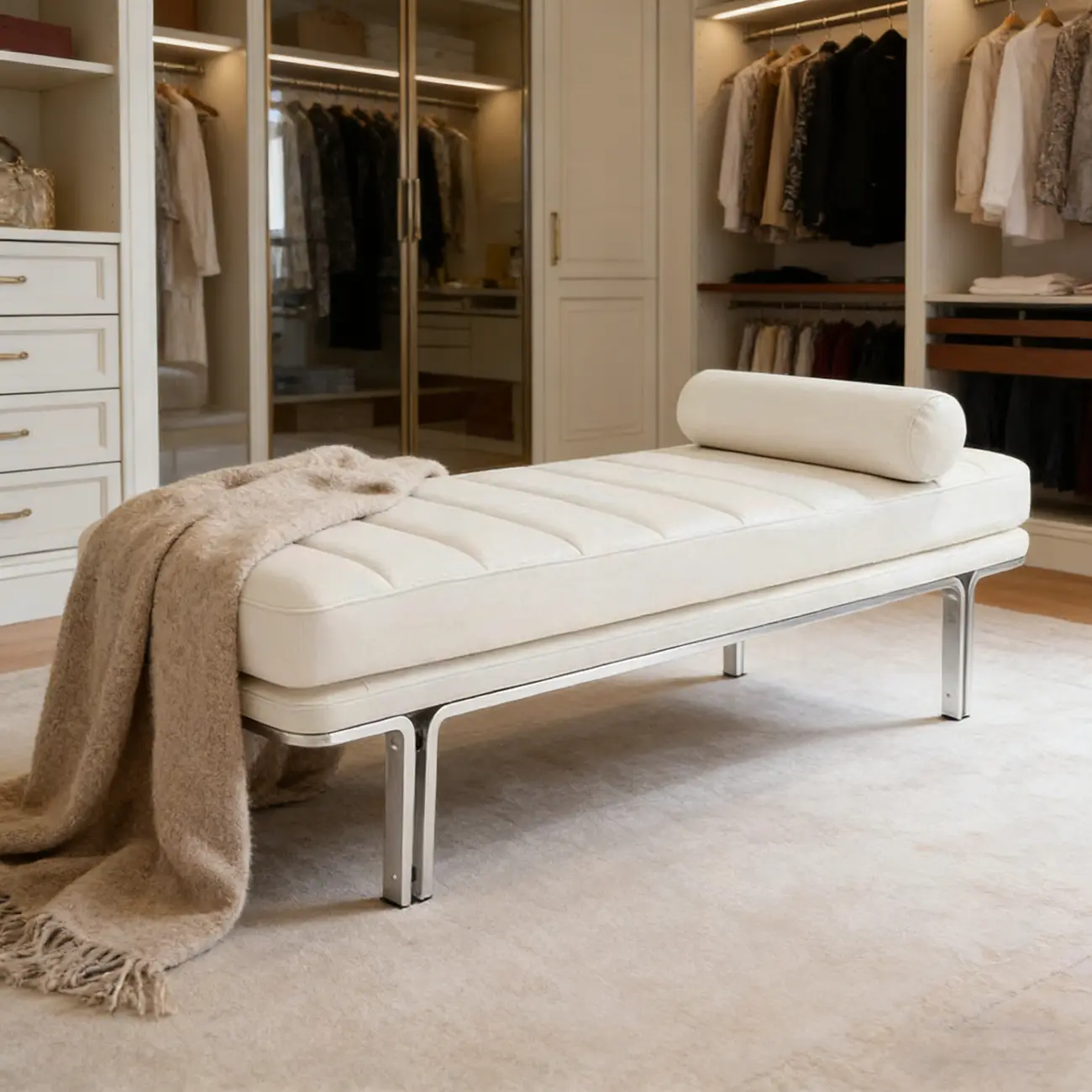 Minimalist Top-grain Leather Bedroom Bench With Bolster Pillow Image - 1 | homeyfad