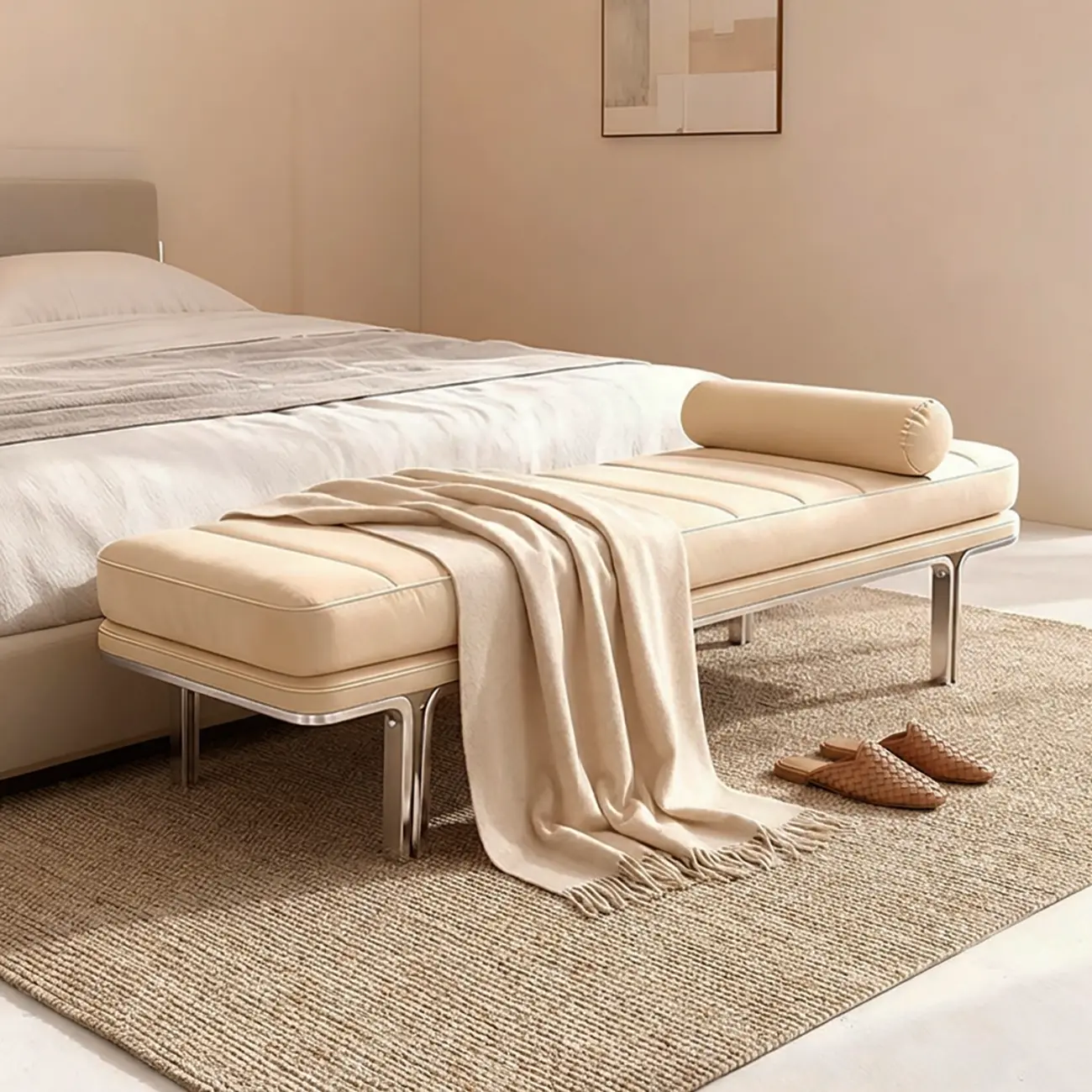 Minimalist Top-grain Leather Bedroom Bench With Bolster Pillow Image - 3 | homeyfad