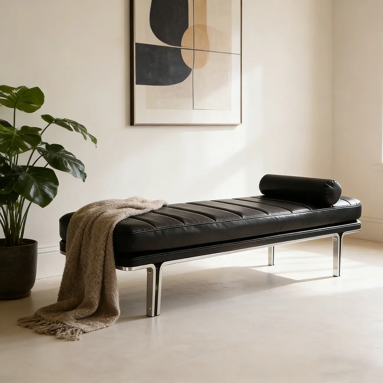 Minimalist Top-grain Leather Bedroom Bench With Bolster Pillow Image - 2 | homeyfad