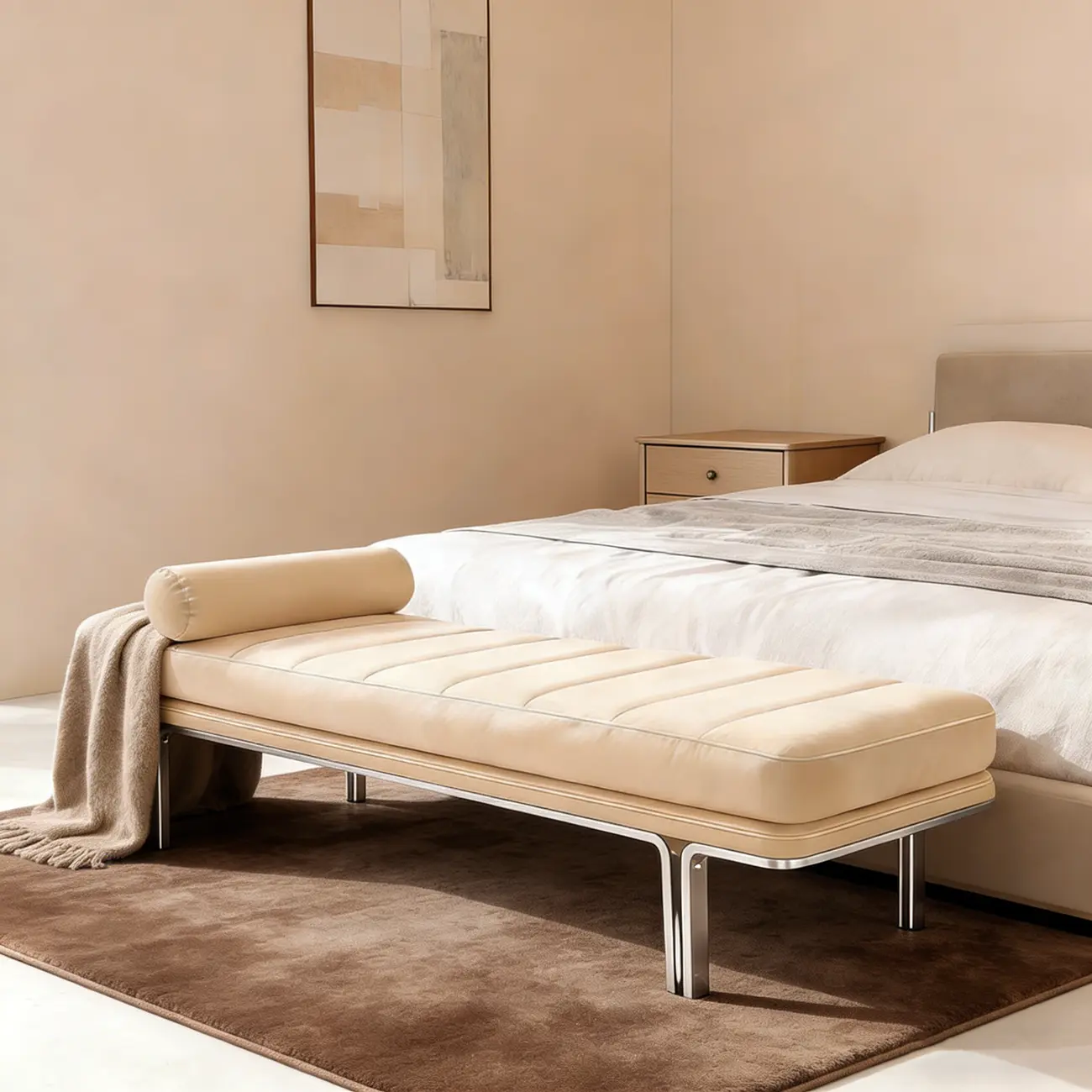 Minimalist Top-grain Leather Bedroom Bench With Bolster Pillow Image - 6 | homeyfad