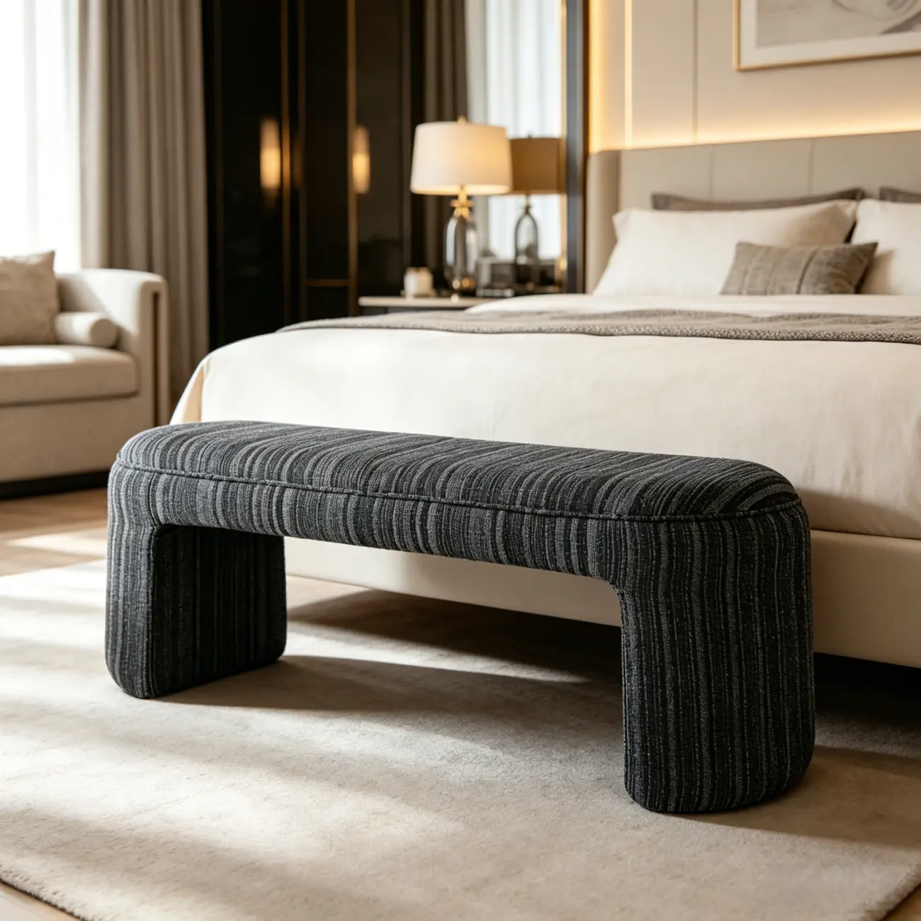 Modern Curved Striped Upholstered Accent Bench Image - 1 | homeyfad