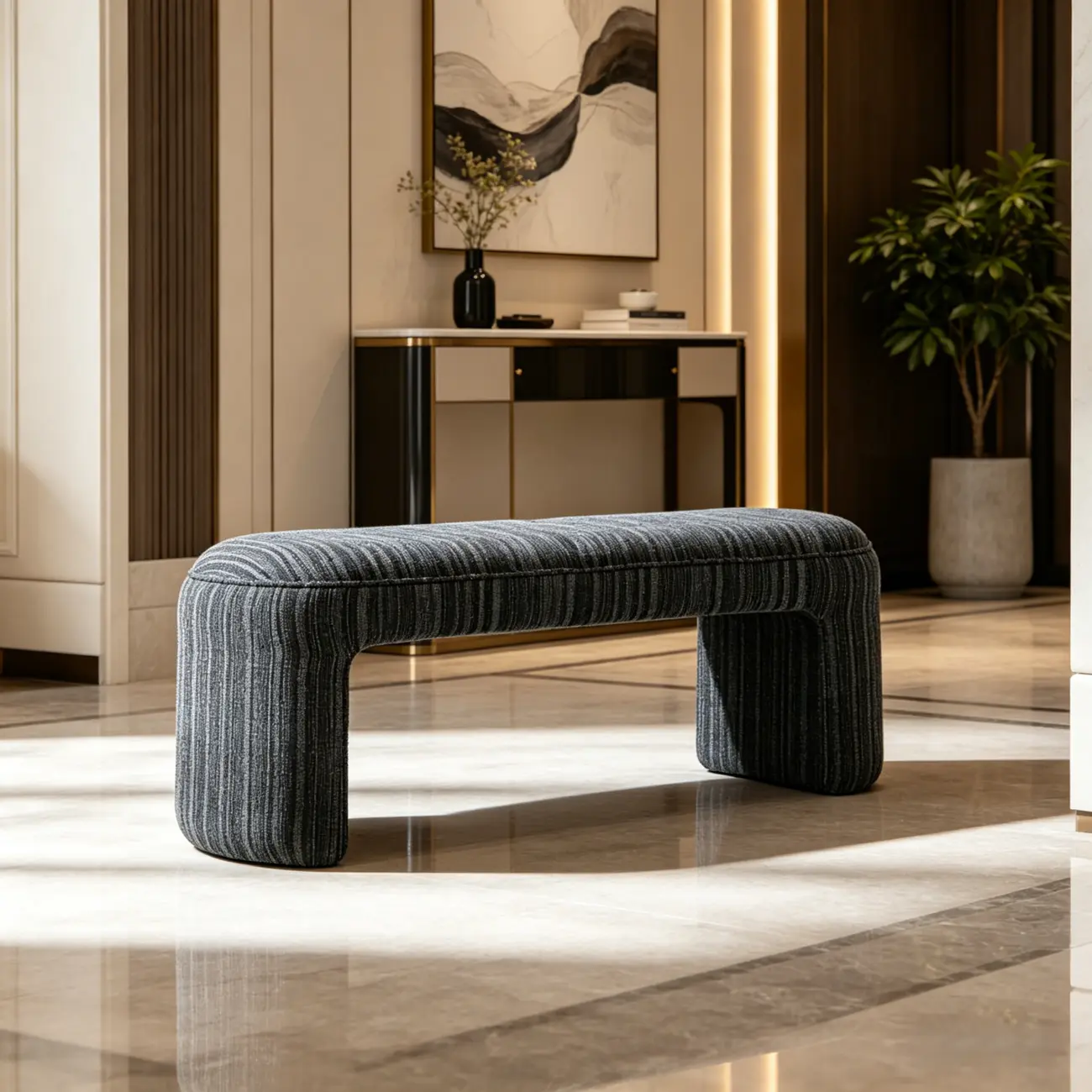 Modern Curved Striped Upholstered Accent Bench Image - 6 | homeyfad