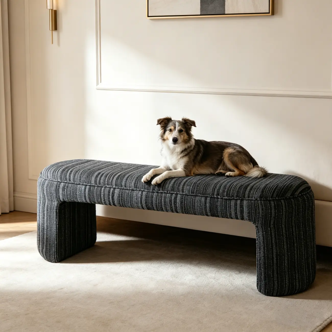 Modern Curved Striped Upholstered Accent Bench Image - 5 | homeyfad