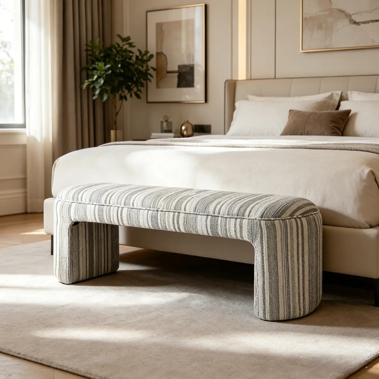 Modern Curved Striped Upholstered Accent Bench Image - 12 | homeyfad