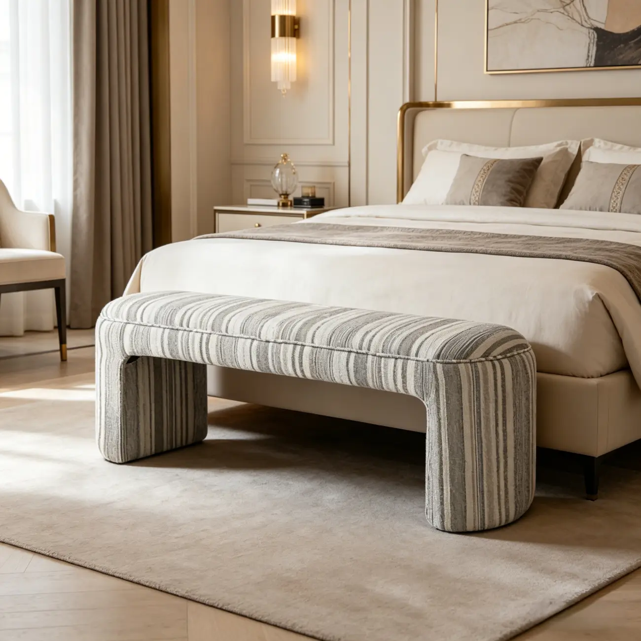 Modern Curved Striped Upholstered Accent Bench Image - 2 | homeyfad